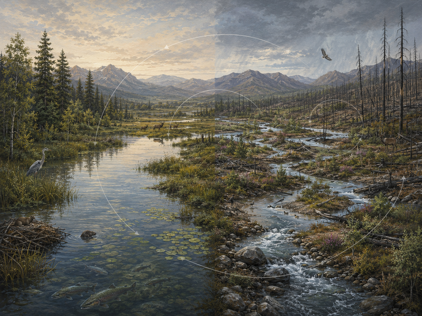 Editorial illustration comparing a stable wetland ecosystem with a disturbed but recovering river valley shaped by fire, regrowth, wildlife, and adaptive water flows.