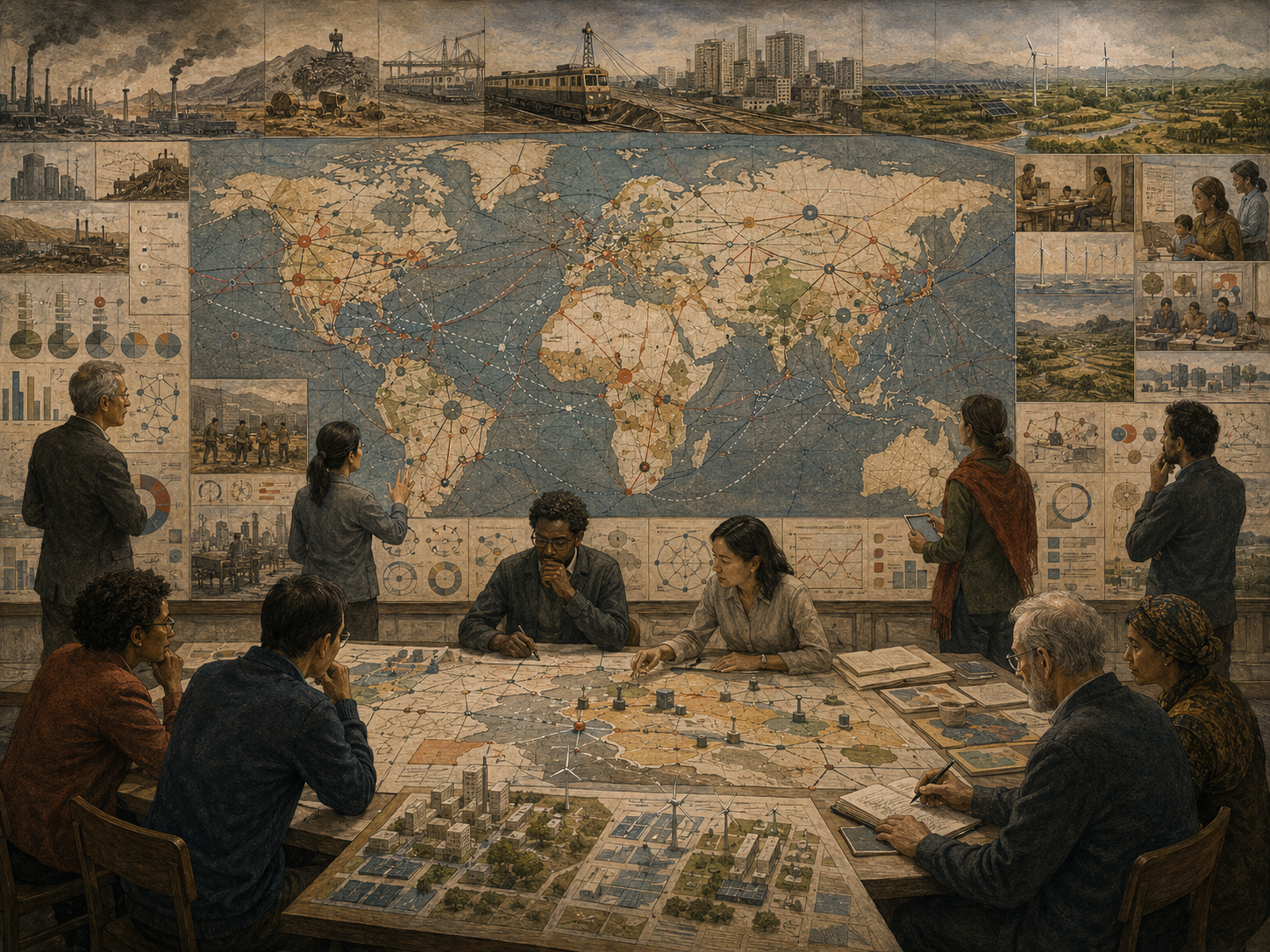 Researchers examine global economic futures across trade networks, infrastructure, energy transition, development pathways, labor, and ecological systems.