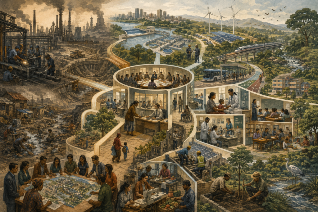 Editorial sustainability illustration showing economic growth being translated through institutions, public services, infrastructure, education, healthcare, decent work, and ecological resilience into human progress.