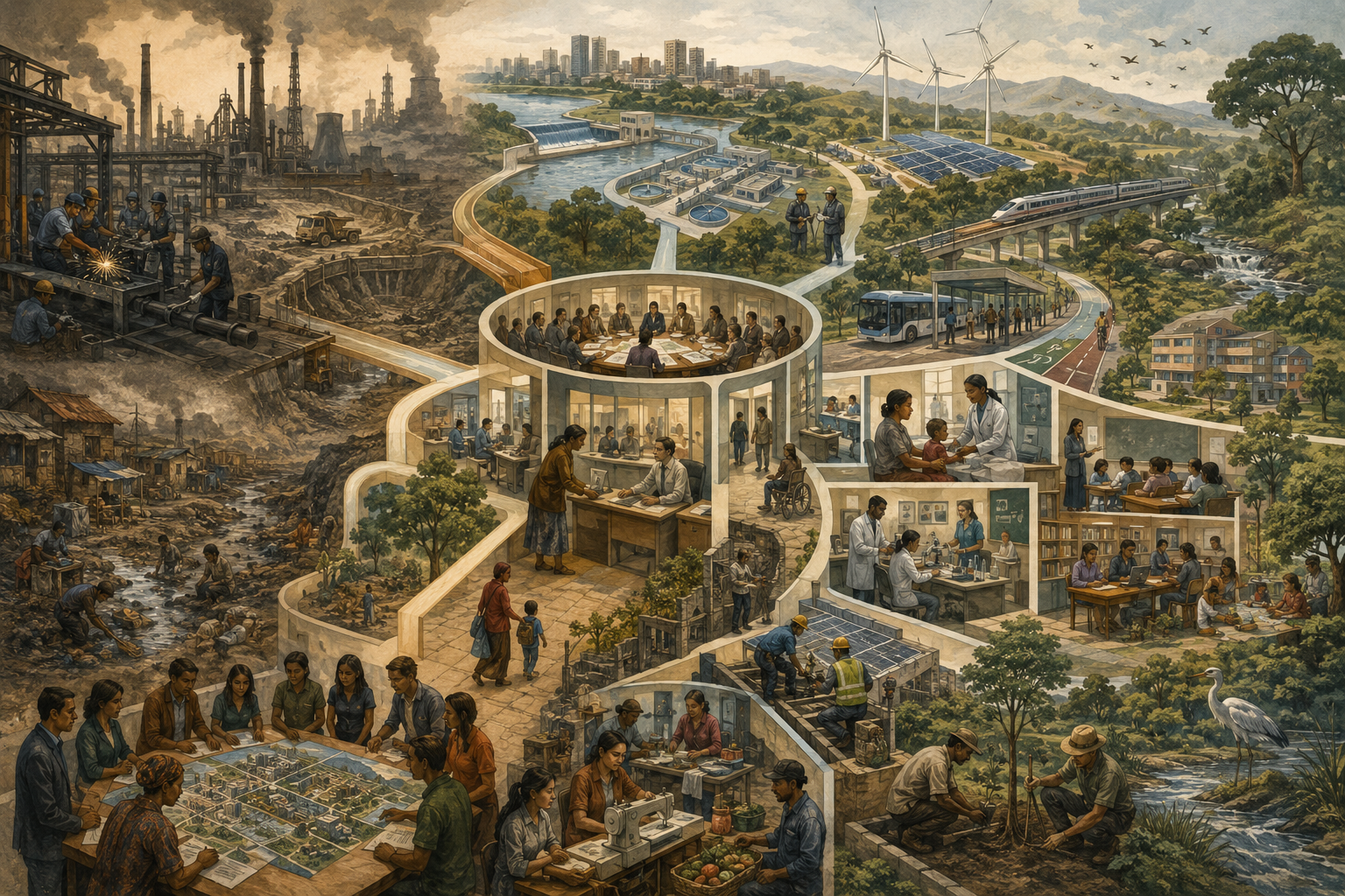 Editorial sustainability illustration showing economic growth being translated through institutions, public services, infrastructure, education, healthcare, decent work, and ecological resilience into human progress.