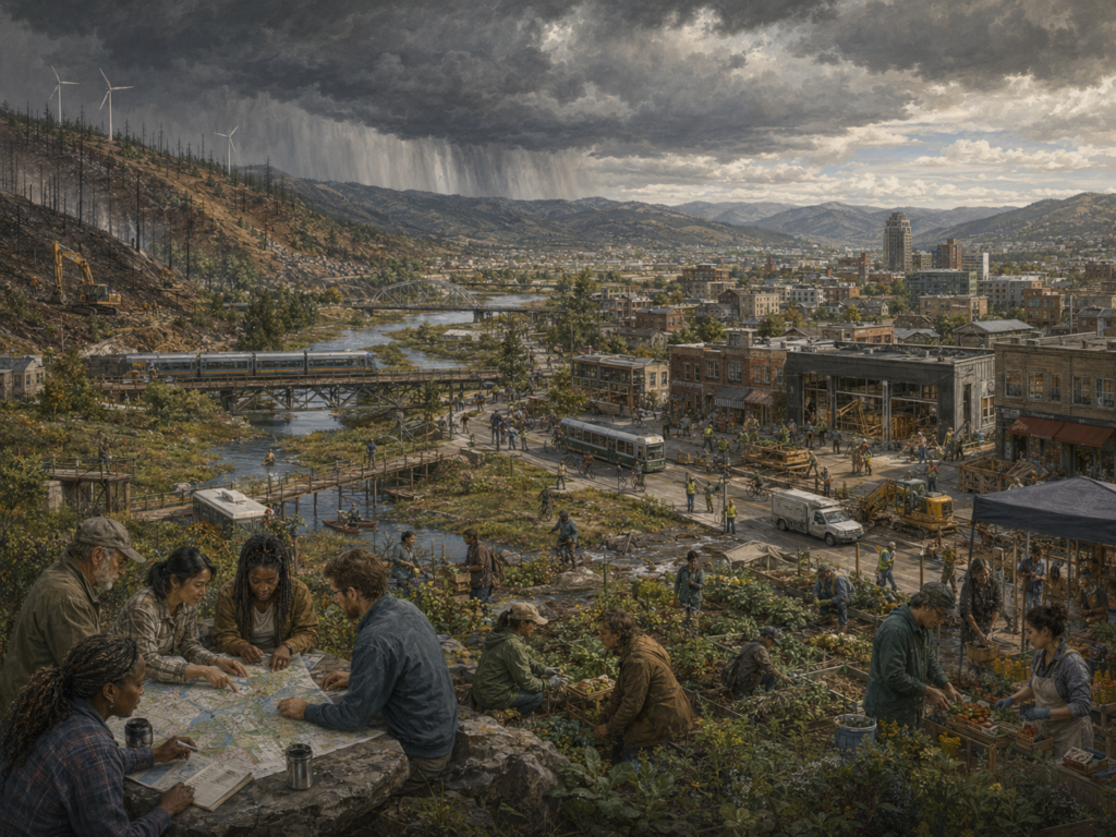Panoramic illustration of a resilient town economy with local businesses, transit, farms, restoration work, infrastructure repair, community planning, storm pressure, and a recovering burned hillside.