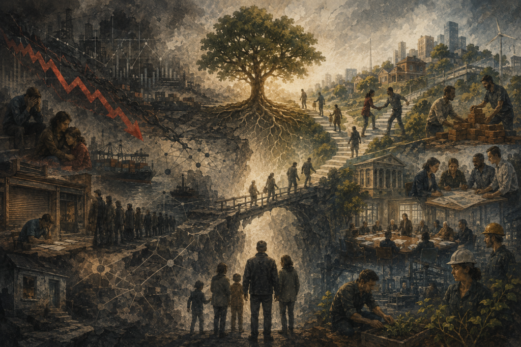 Painterly illustration of economic resilience, showing a divided economic landscape with recession, unemployment, shuttered businesses, broken supply chains, public institutions, rebuilding, worker cooperation, and gradual recovery.