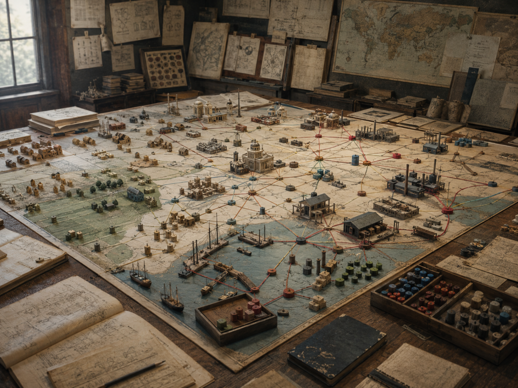 Comparative evidence table in an archival research room showing a modeled economy with households, farms, factories, ports, warehouses, public institutions, trade routes, and interconnected exchange pathways.