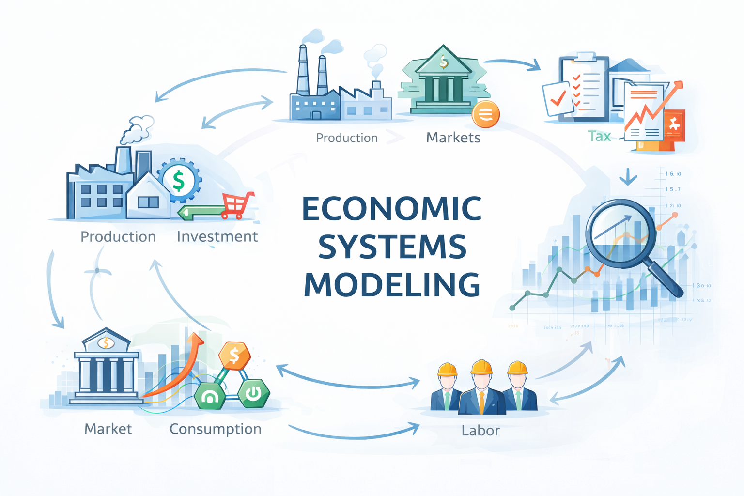 Illustration showing economic systems modeling with feedback loops linking production, markets, investment, labor, and policy analysis.
