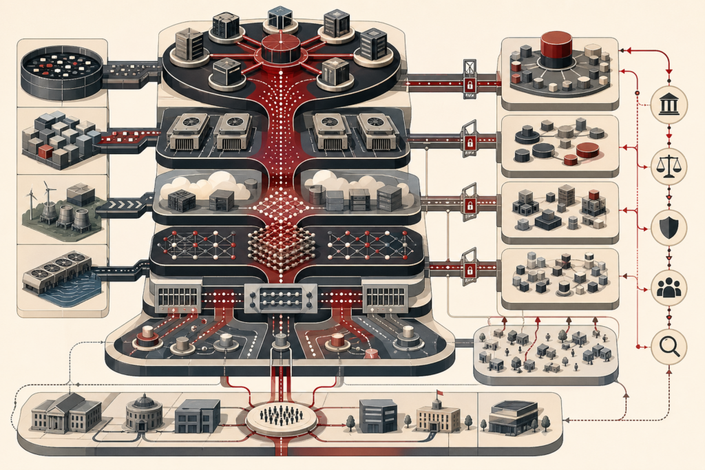 Abstract editorial illustration showing the AI economy as a layered platform system with data inputs, compute clusters, cloud infrastructure, model layers, gatekeeping interfaces, downstream markets, value-capture flows, and governance oversight.