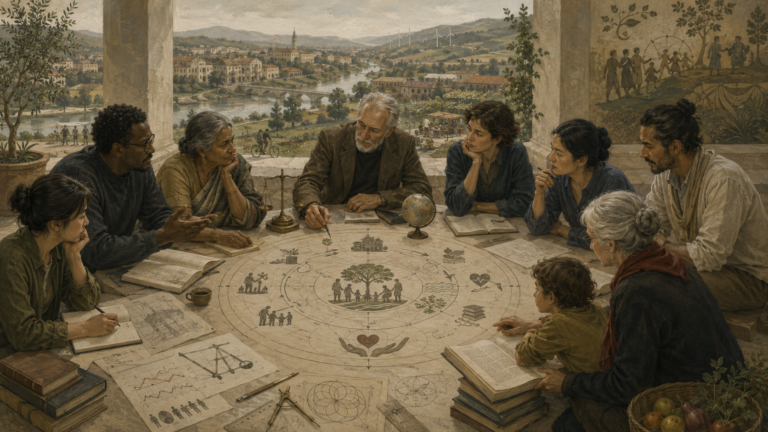 Restrained institutional illustration of a diverse group studying economic diagrams, community life, ecology, and human flourishing around a circular table map.