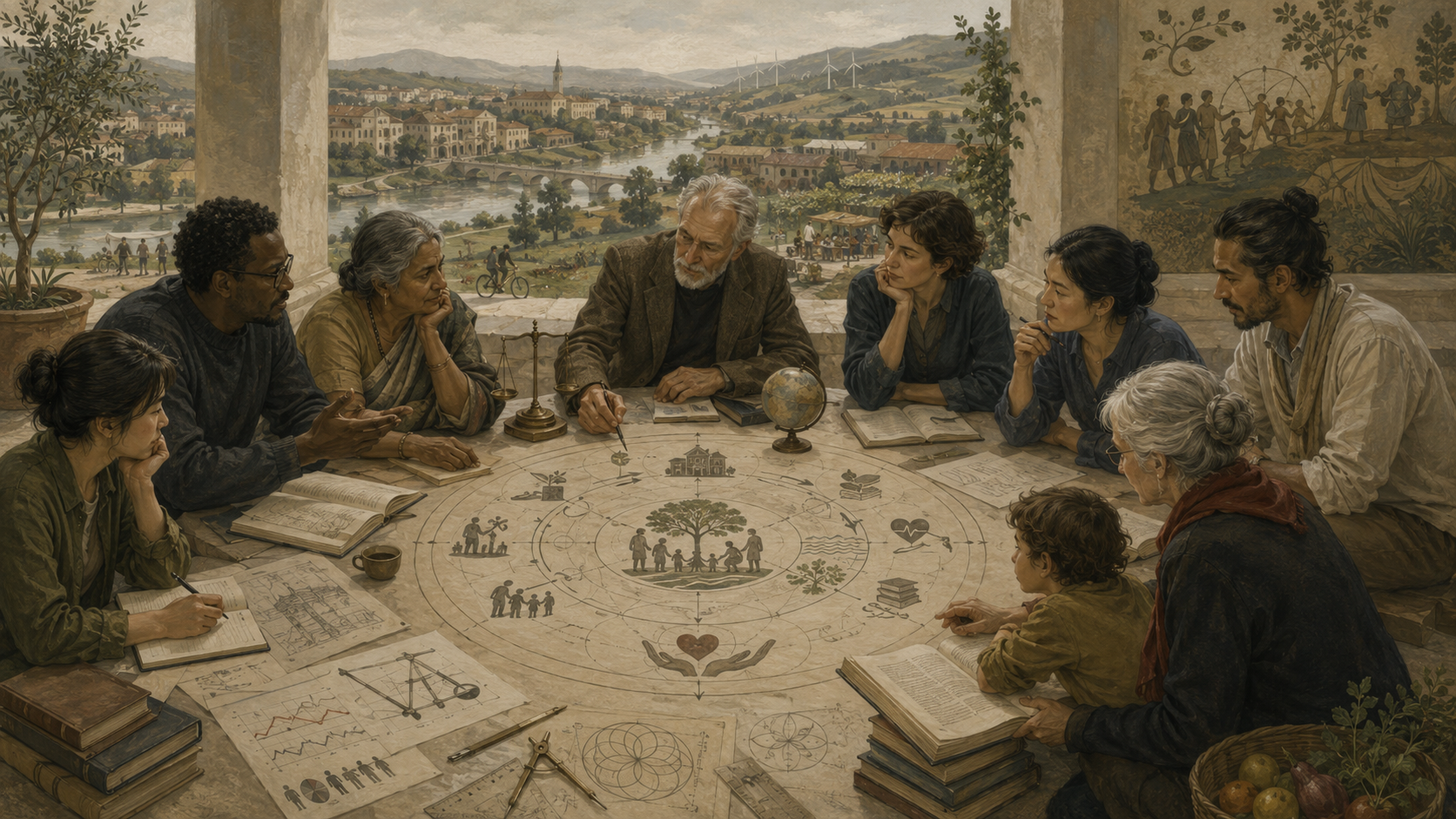 Restrained institutional illustration of a diverse group studying economic diagrams, community life, ecology, and human flourishing around a circular table map.