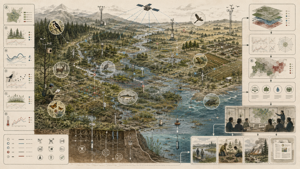 Ecosystem monitoring diagram showing habitats, species observations, field sensors, biodiversity plots, ecological indicators, data layers, restoration actions, and accountability pathways.
