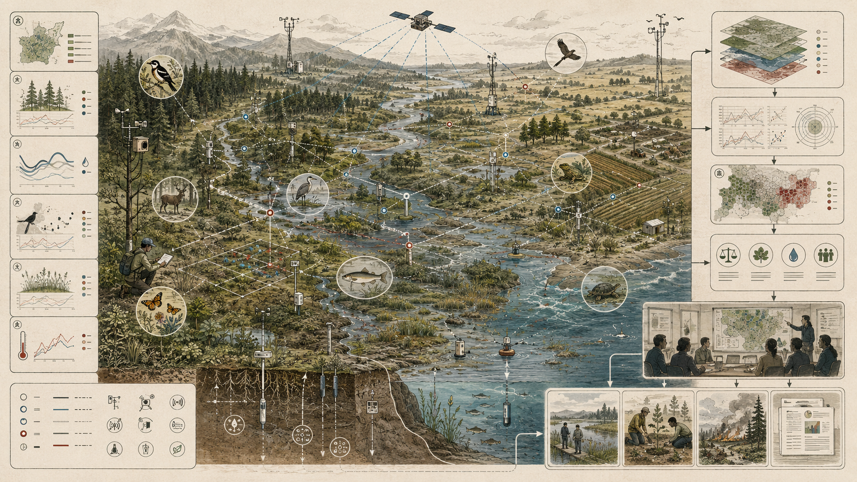 Ecosystem monitoring diagram showing habitats, species observations, field sensors, biodiversity plots, ecological indicators, data layers, restoration actions, and accountability pathways.