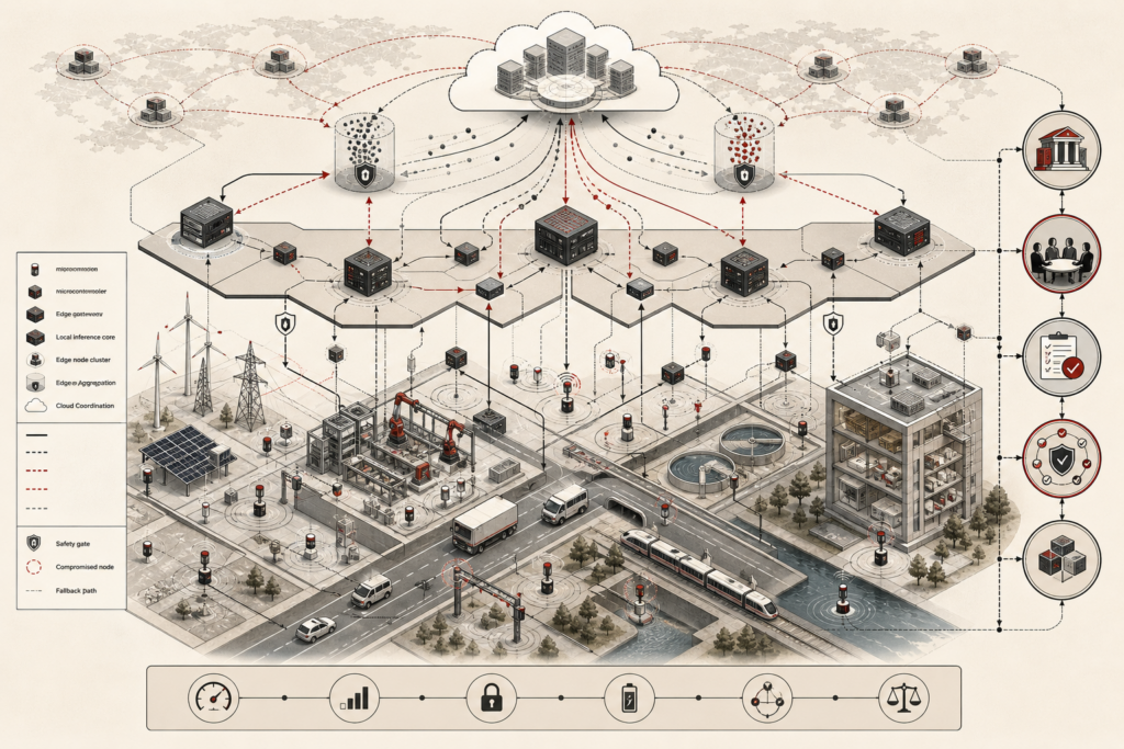 Editorial scientific illustration showing a distributed AI system spanning sensors, embedded devices, gateways, edge servers, cloud coordination, federated learning paths, local inference, infrastructure networks, monitoring loops, and governance controls.