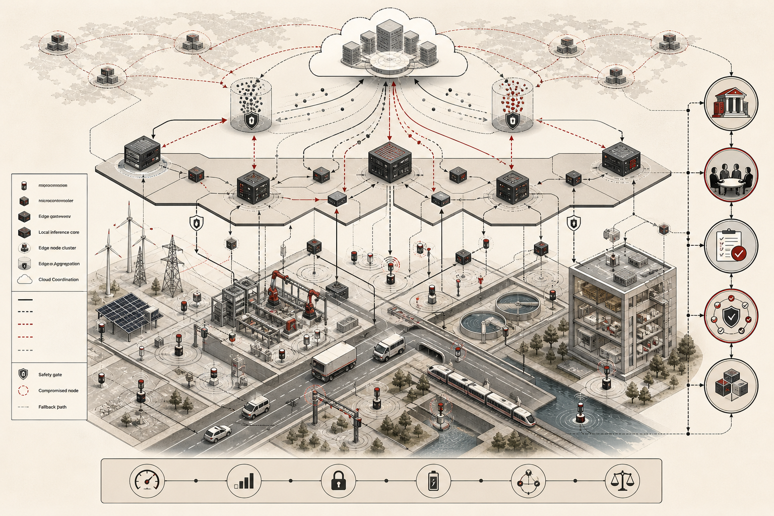 Editorial scientific illustration showing a distributed AI system spanning sensors, embedded devices, gateways, edge servers, cloud coordination, federated learning paths, local inference, infrastructure networks, monitoring loops, and governance controls.