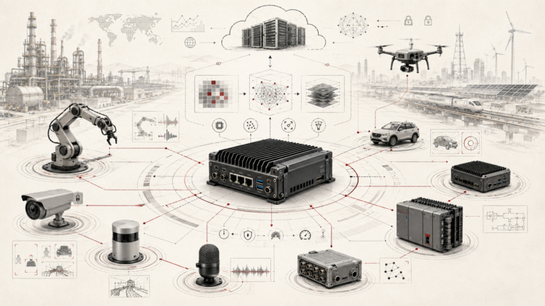 Institutional systems-research illustration of edge AI and on-device machine learning connecting embedded computers, sensors, robotics, cameras, drones, vehicles, and cloud infrastructure.