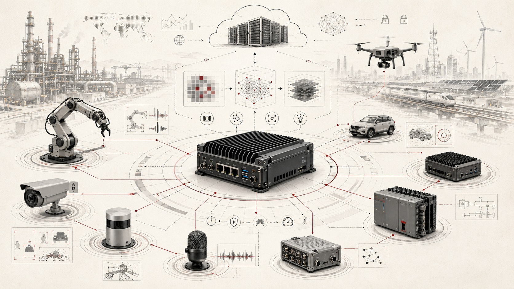 Institutional systems-research illustration of edge AI and on-device machine learning connecting embedded computers, sensors, robotics, cameras, drones, vehicles, and cloud infrastructure.