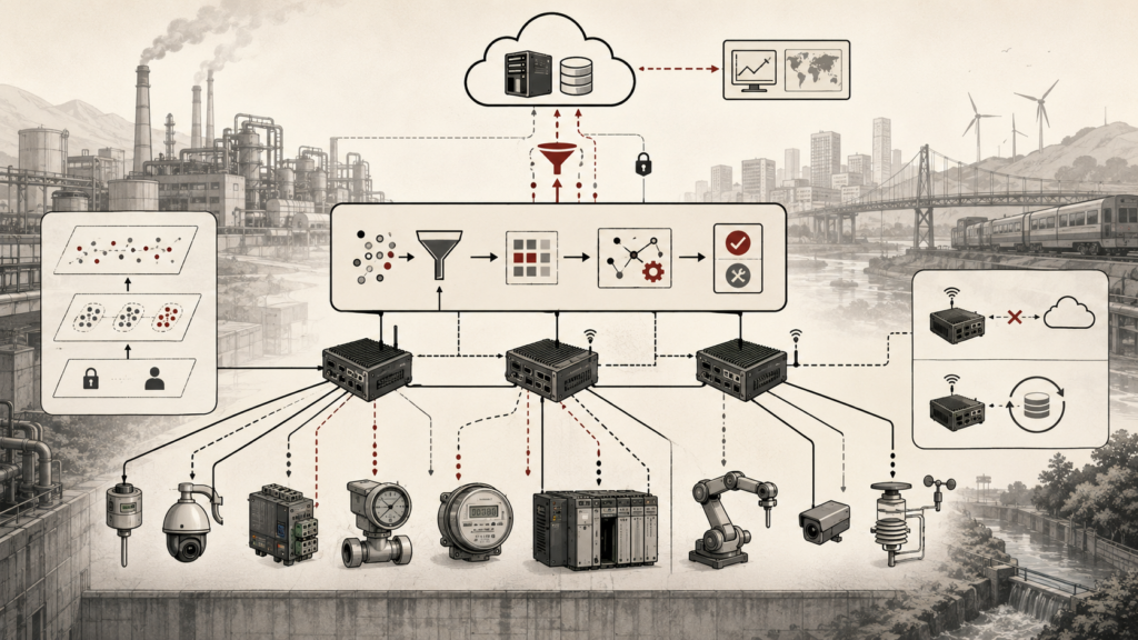 Institutional systems-research illustration of embedded edge analytics, showing local data processing pipelines, edge nodes, industrial devices, filtering, and selective cloud communication.