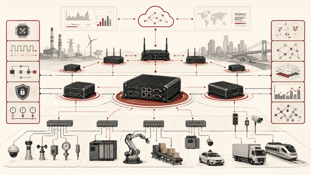Institutional systems-research illustration of edge computing architecture for embedded and real-time systems, connecting edge nodes, sensors, controllers, robotics, vehicles, and cloud coordination layers.