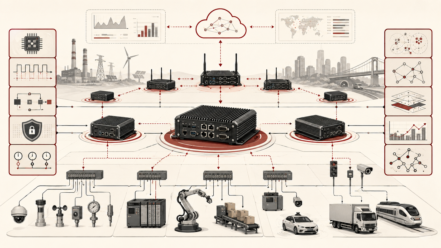 Institutional systems-research illustration of edge computing architecture for embedded and real-time systems, connecting edge nodes, sensors, controllers, robotics, vehicles, and cloud coordination layers.