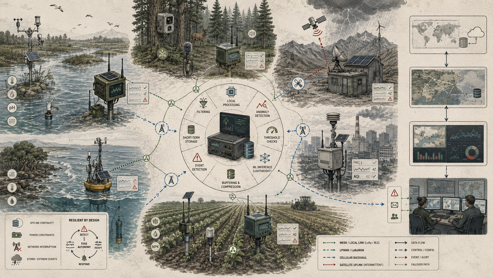 Environmental edge computing architecture showing field sensors, local processing nodes, mesh networks, satellite links, anomaly detection, alerts, and monitoring operations.