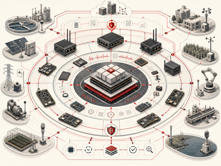 Editorial systems illustration showing sensors, embedded boards, edge gateways, local processing cores, telemetry pathways, security controls, cloud-edge coordination, and physical infrastructure connected through a distributed cyber-physical architecture.