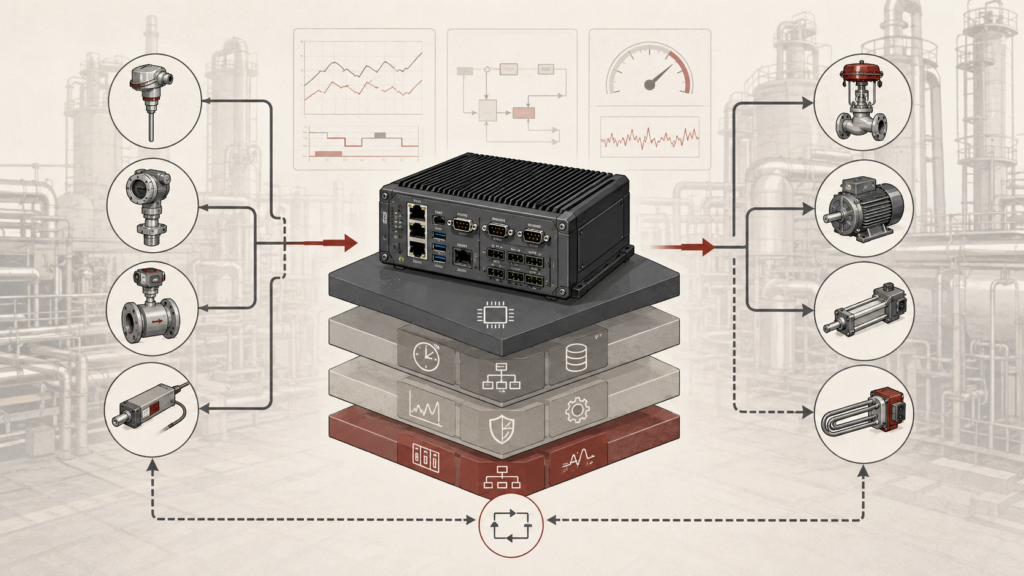 Institutional systems-research illustration of an embedded real-time control system connecting sensors, controllers, actuators, monitoring layers, and closed-loop feedback in an industrial setting.