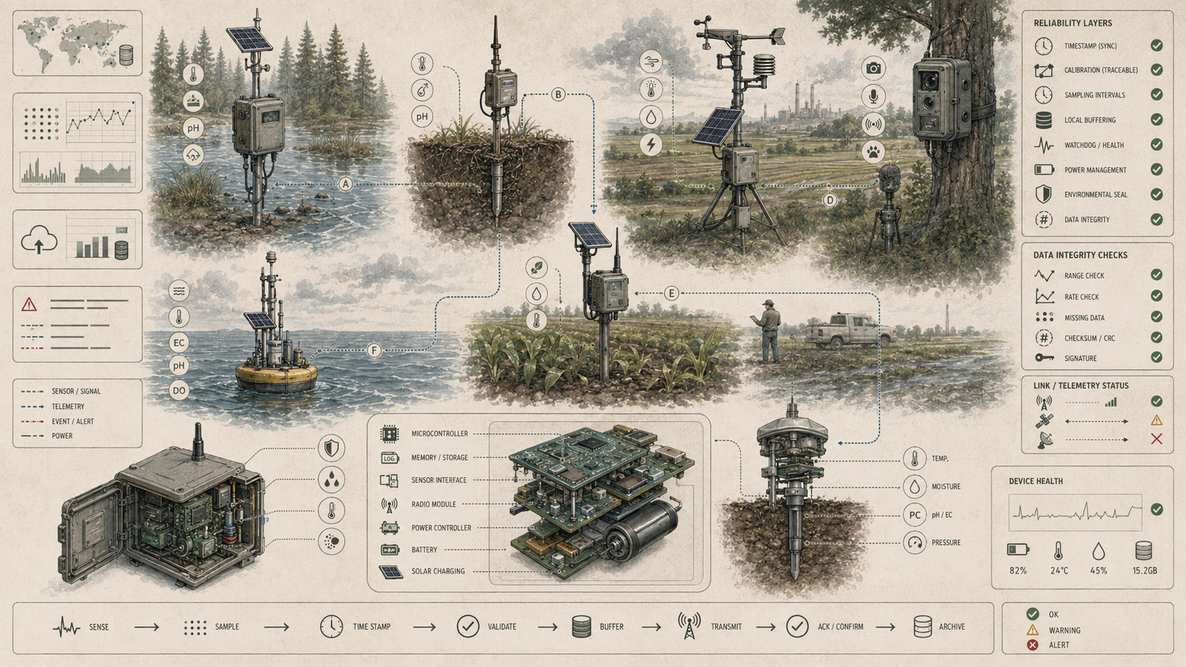 Embedded environmental monitoring devices deployed across field sites with sensors, probes, data logging, telemetry, device-health checks, and reliability indicators.
