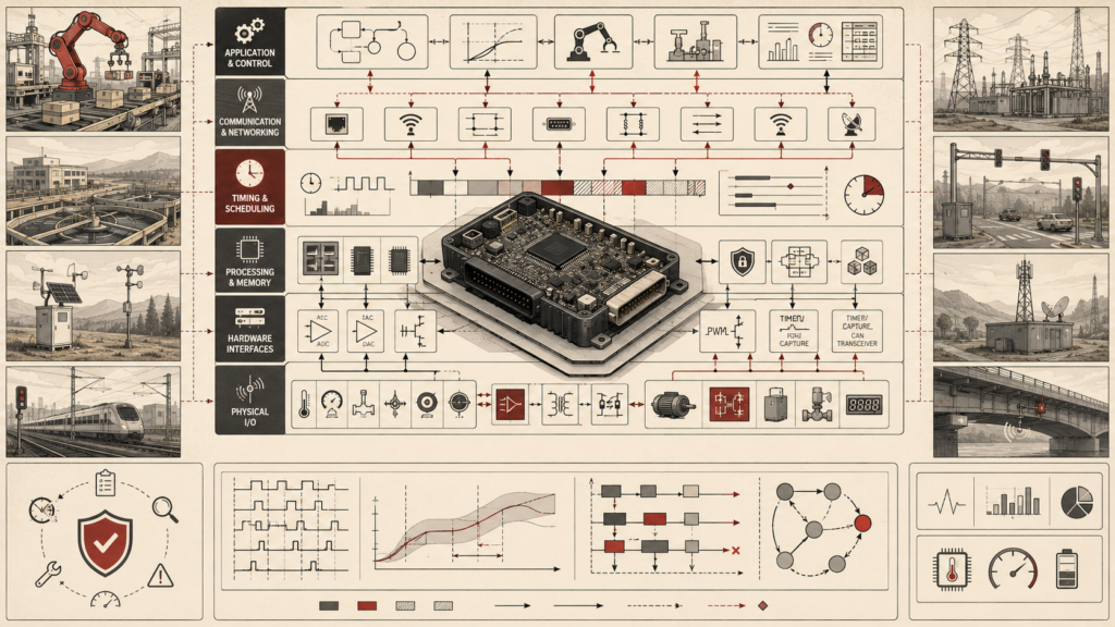 Institutional systems-research illustration of embedded systems architecture, showing a layered embedded control stack with physical I/O, hardware interfaces, processing, timing, communication, and real-time coordination across infrastructure environments.
