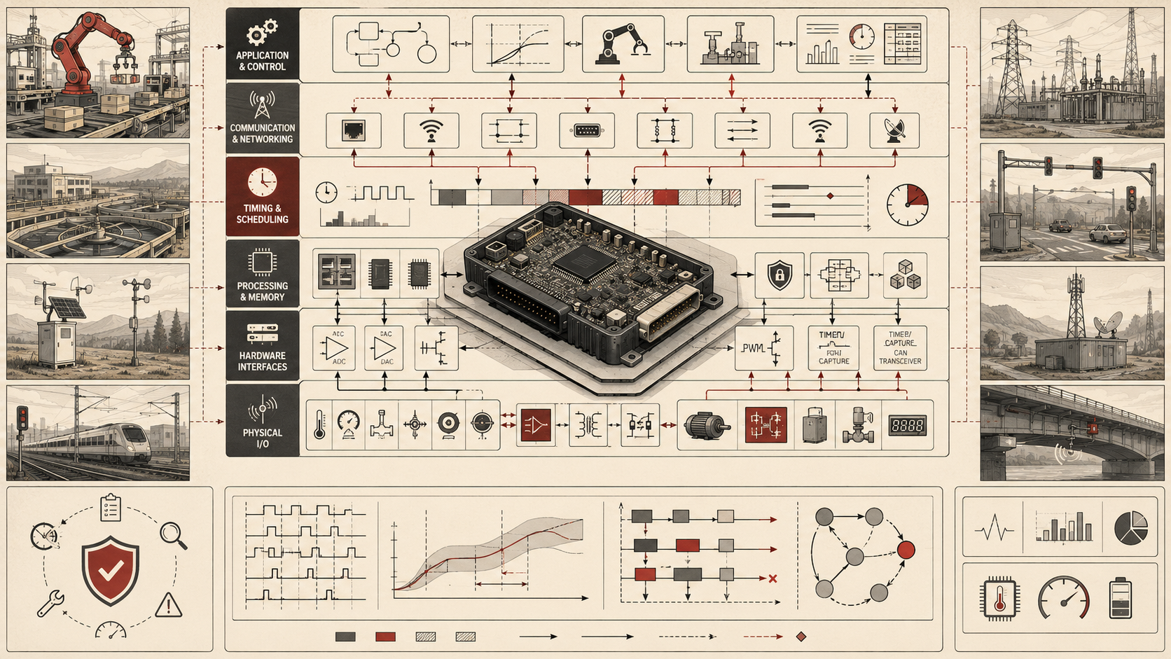 Institutional systems-research illustration of embedded systems architecture, showing a layered embedded control stack with physical I/O, hardware interfaces, processing, timing, communication, and real-time coordination across infrastructure environments.