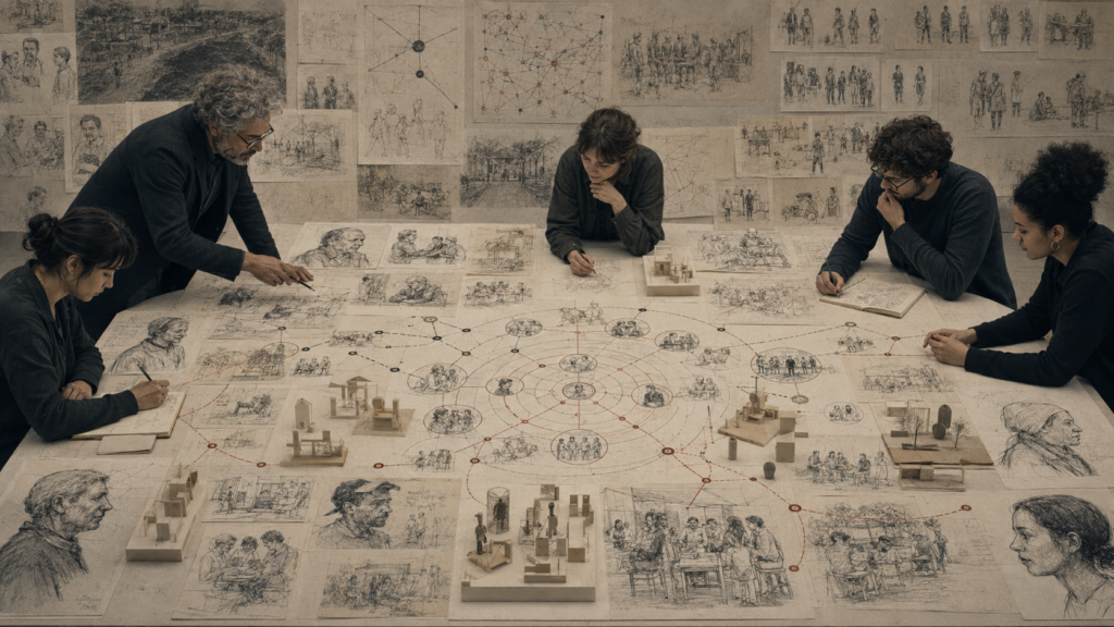 Editorial illustration of a design research table covered with stakeholder portraits, interview scenes, community observations, relationship maps, journey pathways, and paper prototypes.