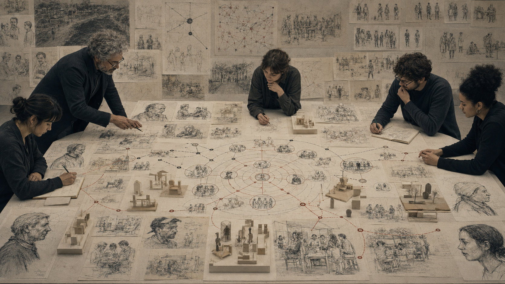 Editorial illustration of a design research table covered with stakeholder portraits, interview scenes, community observations, relationship maps, journey pathways, and paper prototypes.