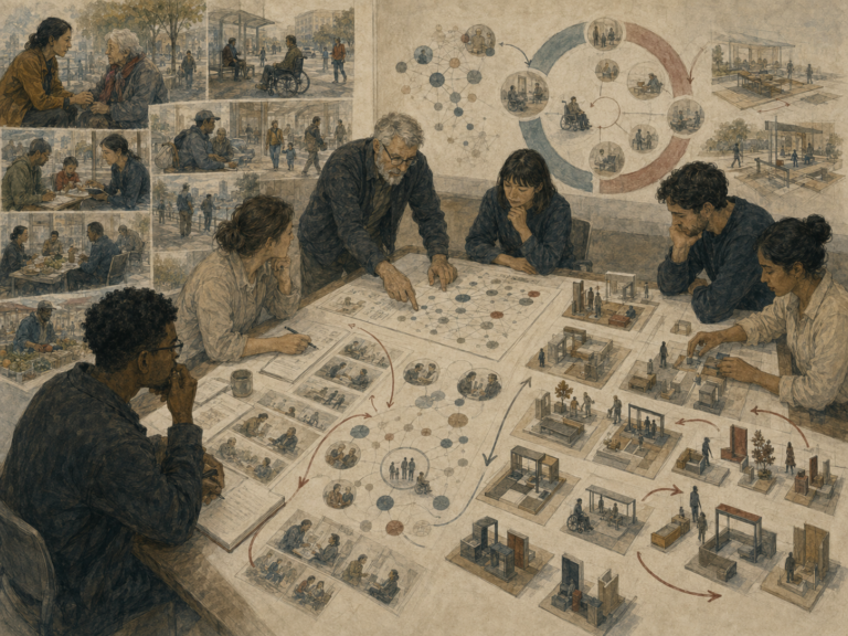 Designers and researchers study user scenes, stakeholder maps, observation sketches, accessibility needs, prototype models, and feedback pathways on a large planning table.