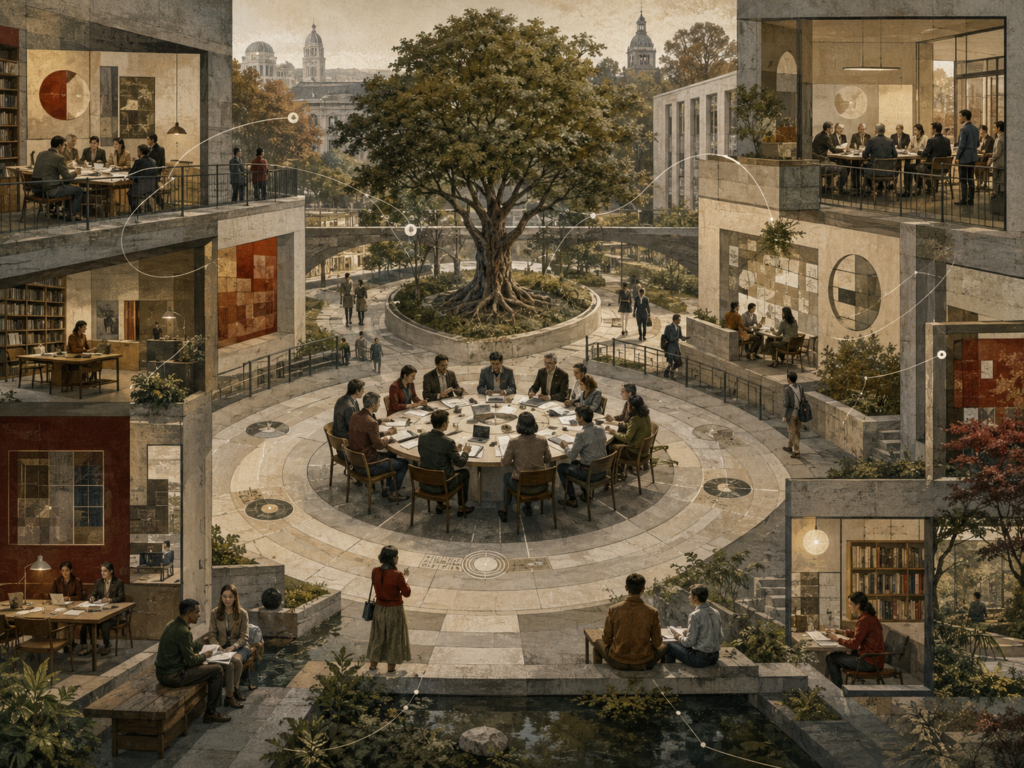 Restrained institutional illustration of employees collaborating across a layered organizational courtyard with meeting spaces, shared work areas, a central rooted tree, and subtle network pathways.