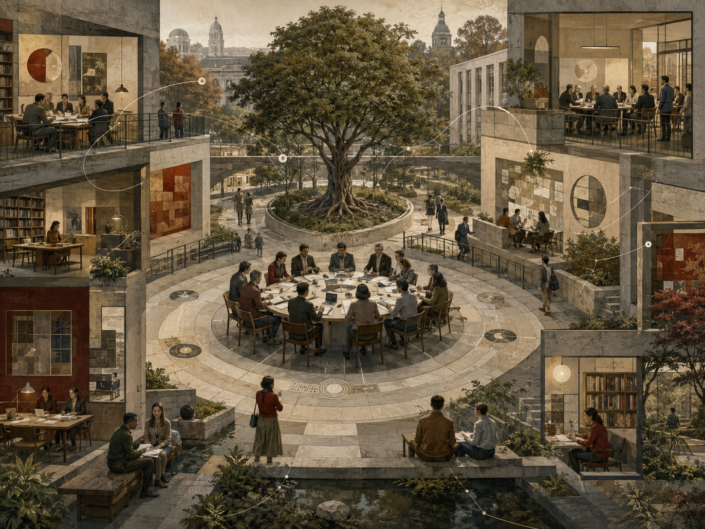Restrained institutional illustration of employees collaborating across a layered organizational courtyard with meeting spaces, shared work areas, a central rooted tree, and subtle network pathways.