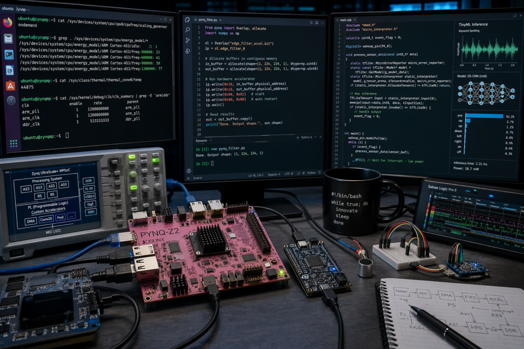 Technical embedded systems workspace featuring a PYNQ-Z2 FPGA board, STM32 microcontroller board, breadboarded sensors, logic analyzer traces, Linux terminal windows, TinyML inference visualizations, and PYNQ Python code displayed across multiple monitors.