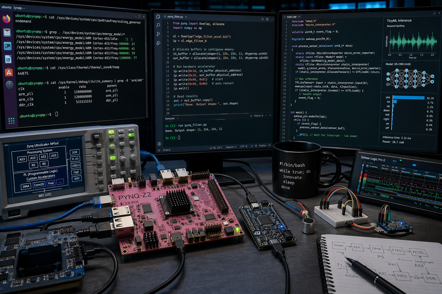 Technical embedded systems workspace featuring a PYNQ-Z2 FPGA board, STM32 microcontroller board, breadboarded sensors, logic analyzer traces, Linux terminal windows, TinyML inference visualizations, and PYNQ Python code displayed across multiple monitors.