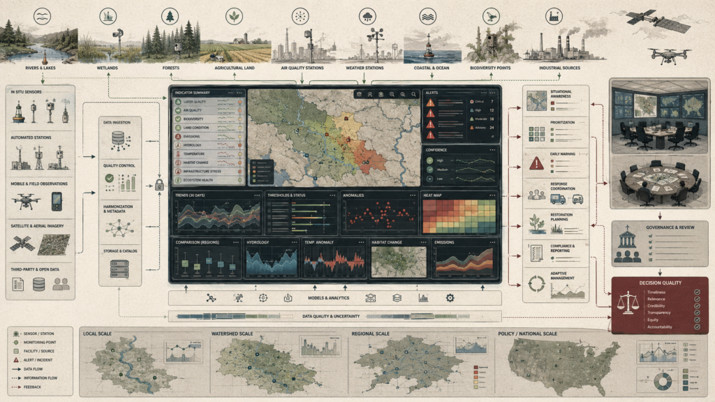 Environmental analytics dashboard showing monitoring indicators, alerts, maps, sensor inputs, data quality, decision support, governance review, and environmental decision quality.