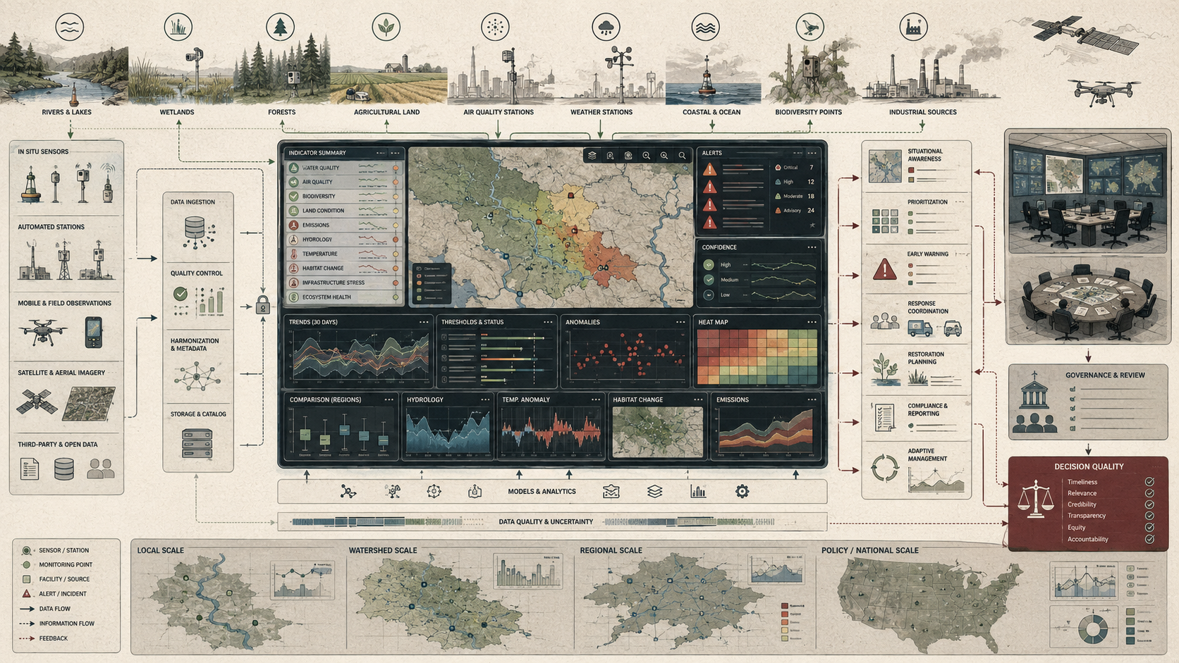 Environmental analytics dashboard showing monitoring indicators, alerts, maps, sensor inputs, data quality, decision support, governance review, and environmental decision quality.