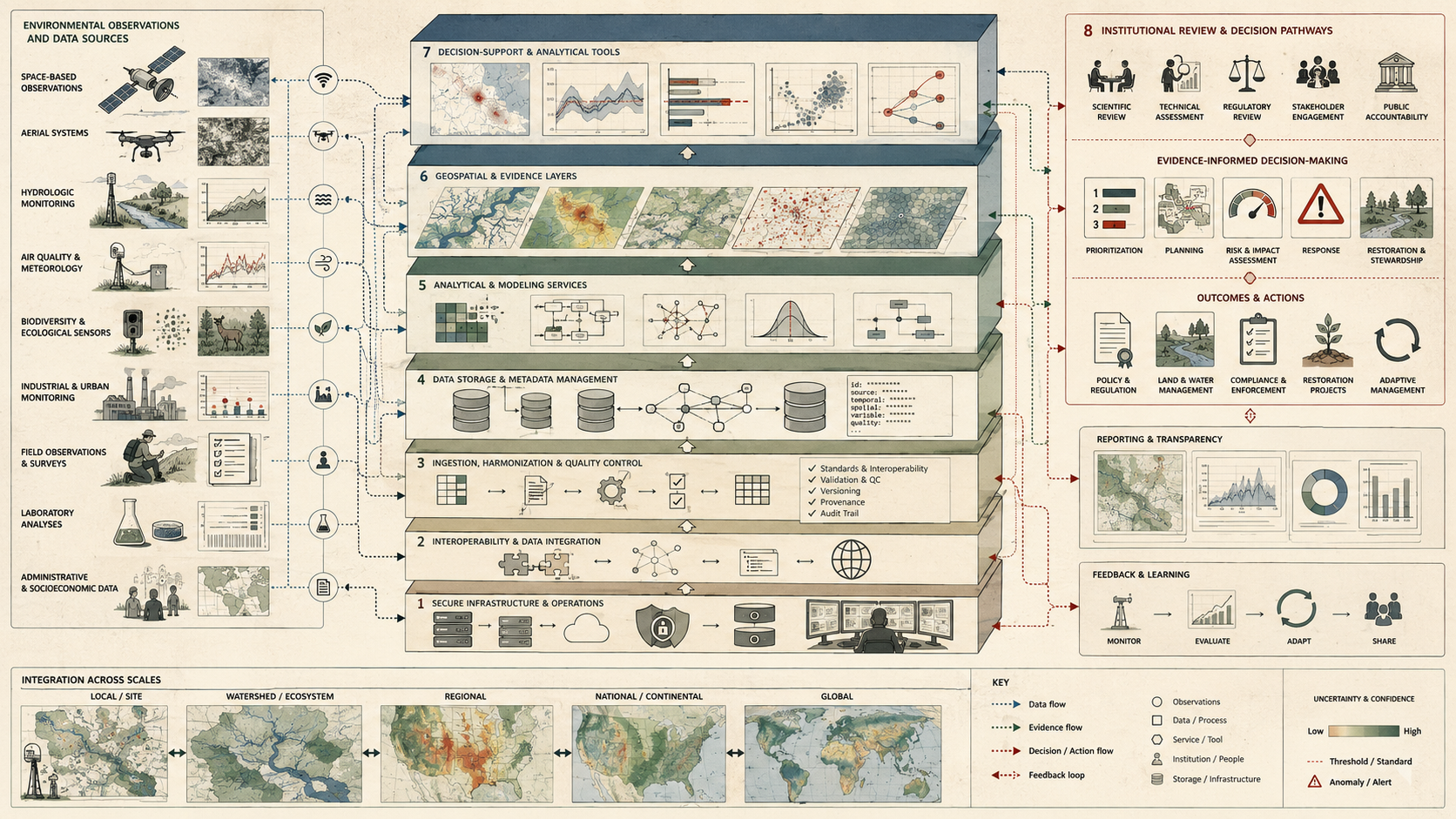 Layered environmental data platform diagram showing data sources, integration, metadata, analytics, geospatial evidence, decision support, governance review, and environmental action pathways.
