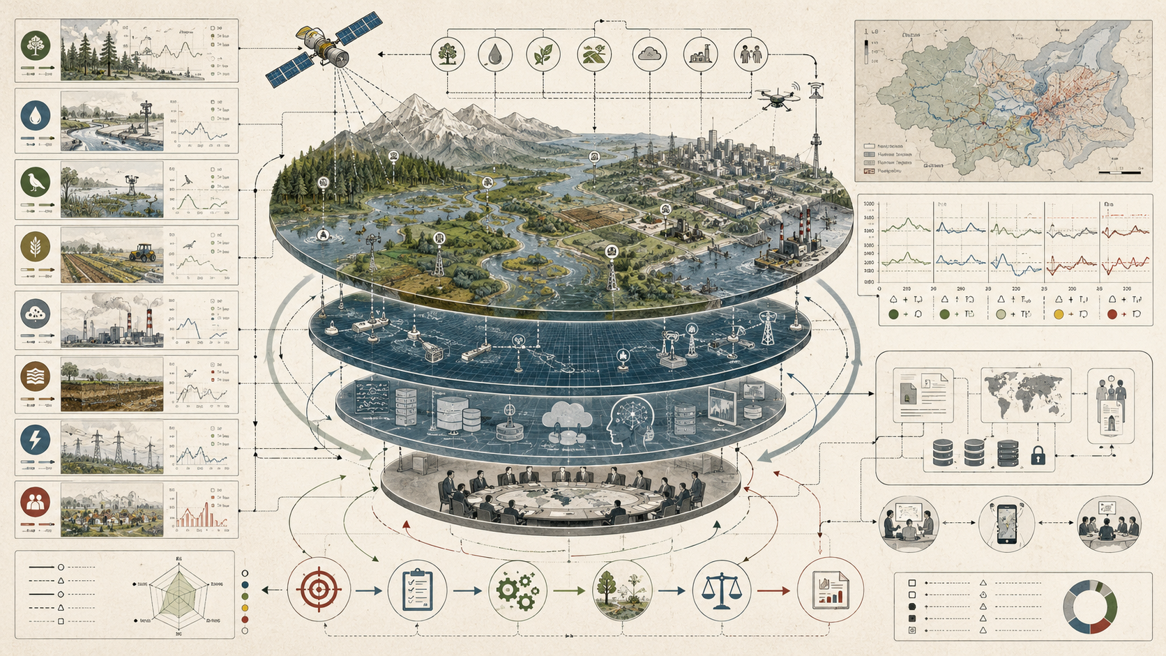 Layered environmental monitoring and sustainability strategy diagram showing ecosystems, indicators, data infrastructure, feedback loops, governance review, and accountability pathways.