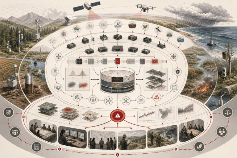 Editorial systems illustration showing environmental monitoring infrastructure with field sensors, satellite and drone observation, embedded devices, edge analytics, telemetry flows, environmental data layers, dashboards, and institutional decision-making connected in a layered observational architecture.