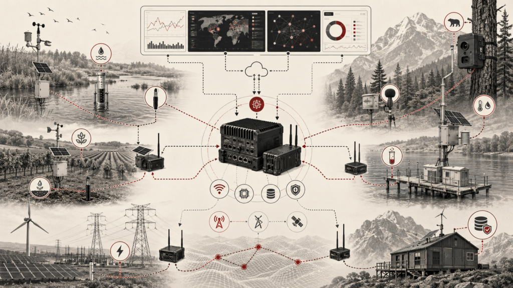 Institutional systems-research illustration of environmental sensor networks connecting wetlands, forests, farms, rivers, energy sites, remote stations, edge nodes, and monitoring dashboards.