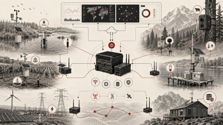Institutional systems-research illustration of environmental sensor networks connecting wetlands, forests, farms, rivers, energy sites, remote stations, edge nodes, and monitoring dashboards.