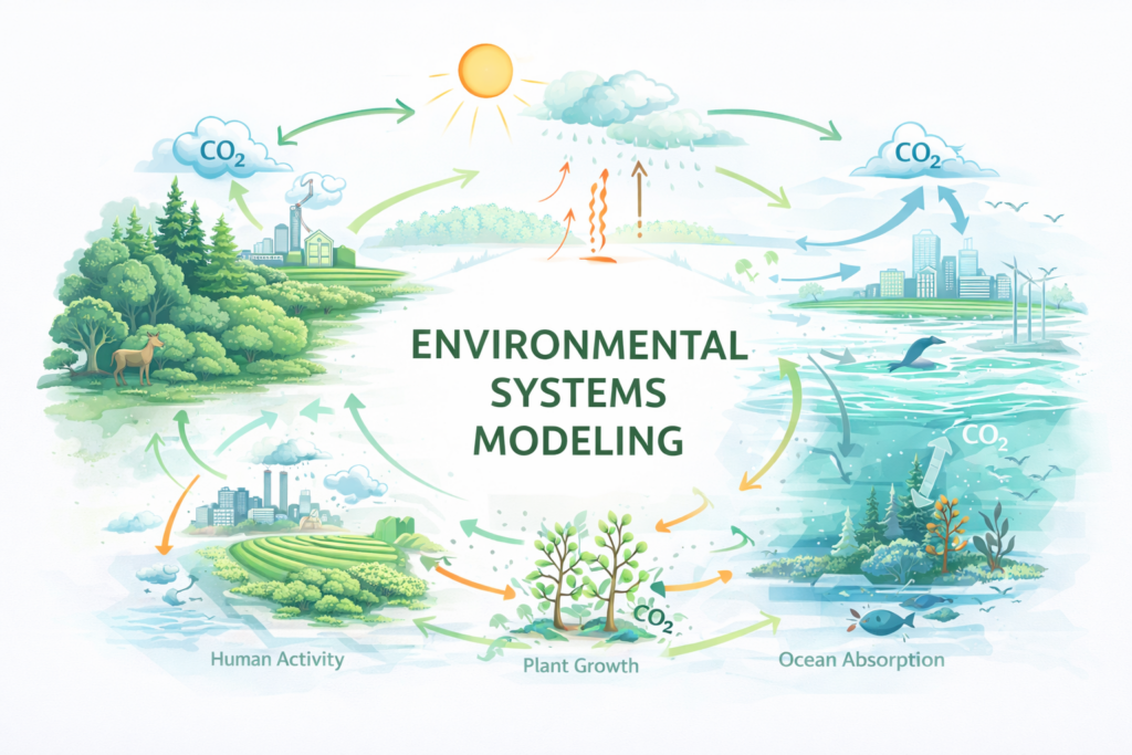 Illustration showing environmental systems modeling with ecosystems, climate feedback loops, carbon cycles, and human activity interacting across complex environmental systems.