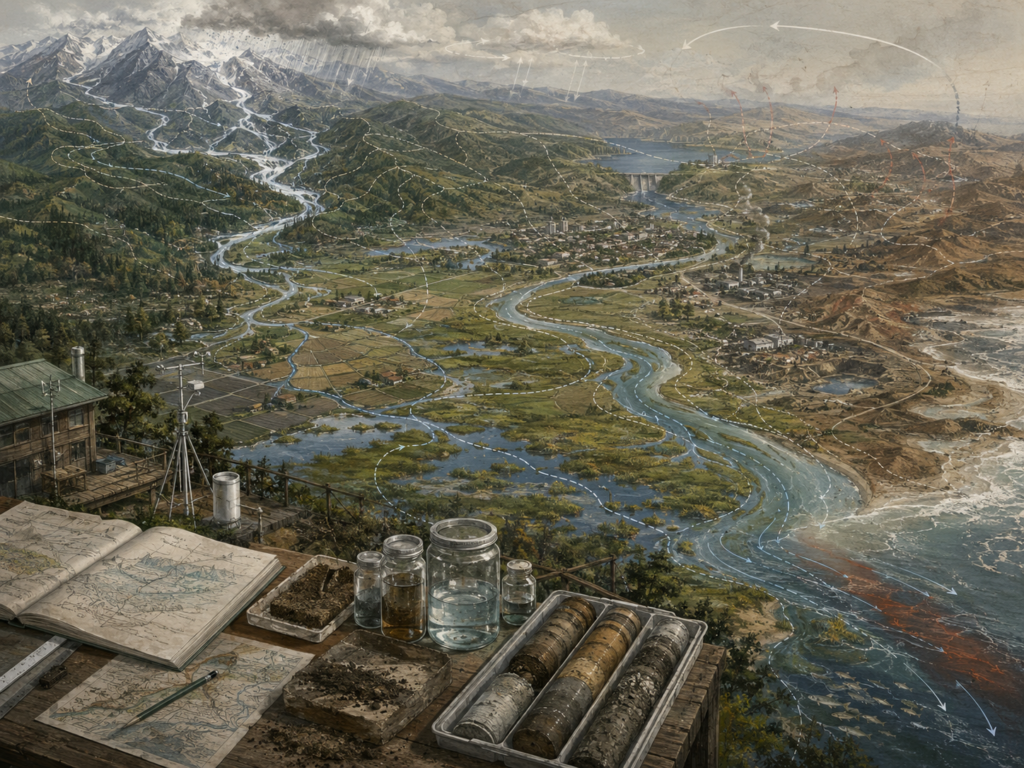 River basin landscape from mountains to coast with wetlands, settlements, industry, water flows, weather patterns, field instruments, soil samples, notebooks, and environmental survey materials.