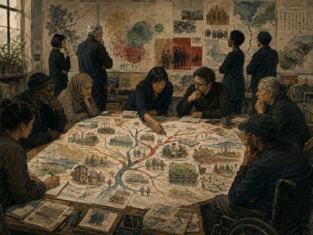 A diverse group examines ethical futures through community maps, justice concerns, ecological risk, public institutions, accessibility, and long-term responsibility.