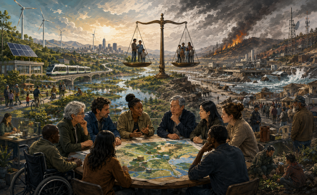 Panoramic illustration of communities, planners, and public officials debating resilience decisions across a landscape divided between green infrastructure, transit, renewable energy, wildfire, damaged coastlines, and unequal exposure.