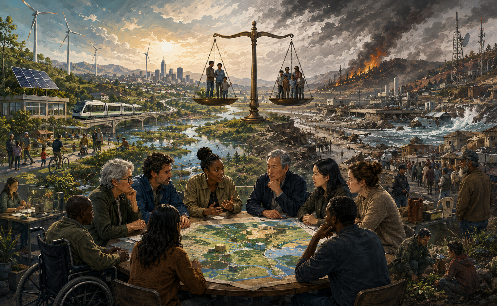 Panoramic illustration of communities, planners, and public officials debating resilience decisions across a landscape divided between green infrastructure, transit, renewable energy, wildfire, damaged coastlines, and unequal exposure.
