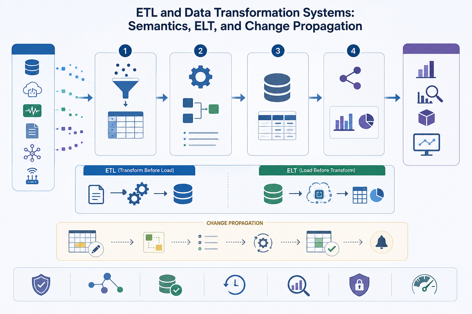 Conceptual data-systems illustration showing ETL and ELT workflows, data sources, transformation stages, semantic modeling, change propagation, governed outputs, and monitoring controls.