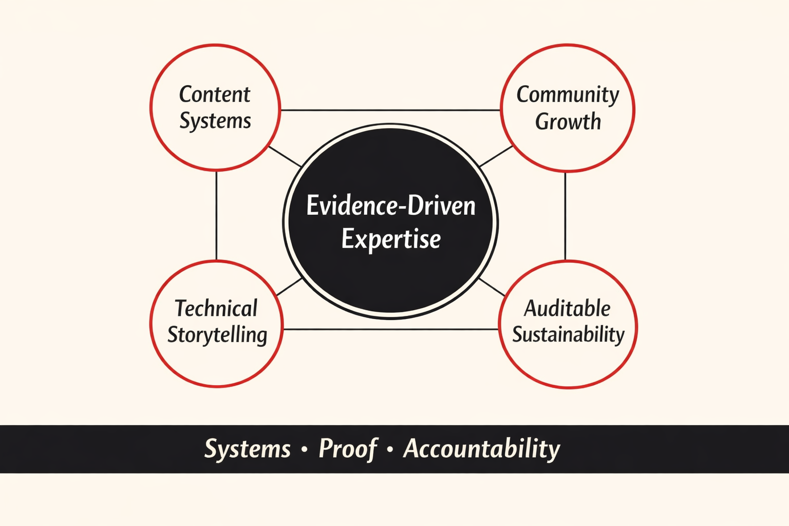 Diagram showing evidence-driven expertise connected to four areas: content systems, community growth, technical storytelling, and auditable sustainability.
