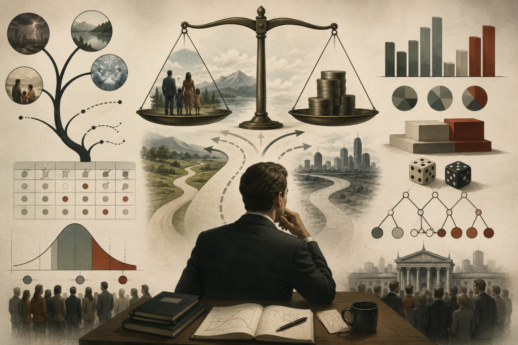 Editorial decision-theory illustration showing expected utility through probability trees, scales, dice, charts, branching choices, wealth outcomes, risk, and rational evaluation.