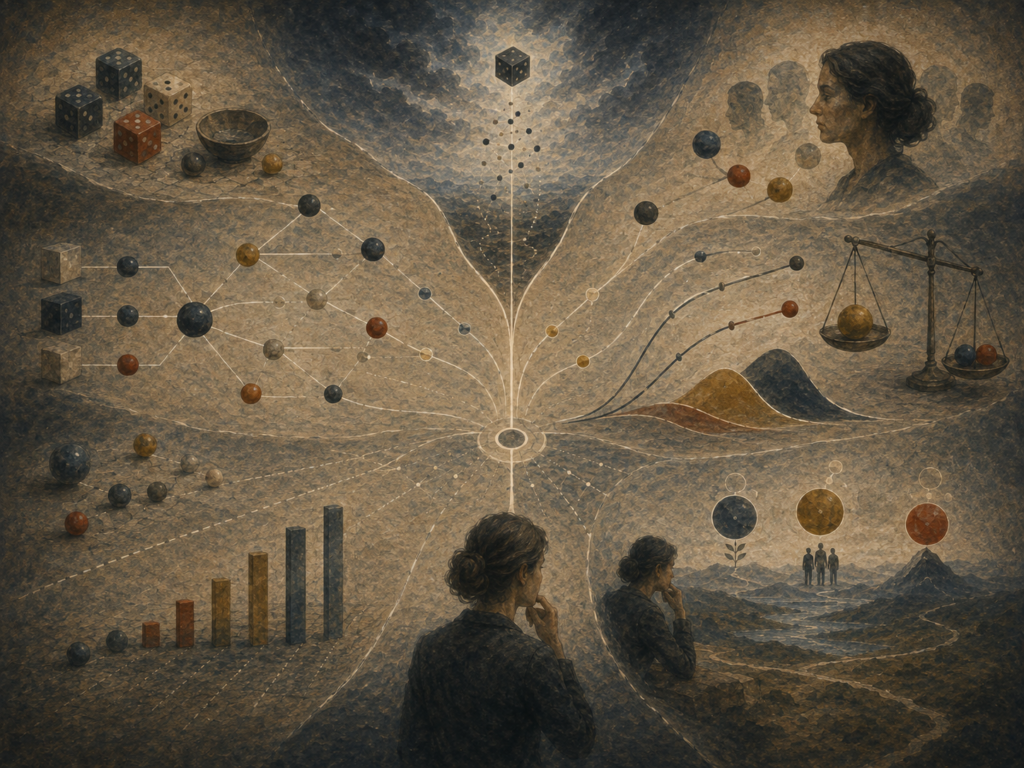 Painterly editorial illustration of expected value and expected utility with dice, weighted outcomes, branching probability paths, tradeoff scales, curved value forms, and reflective decision-makers.
