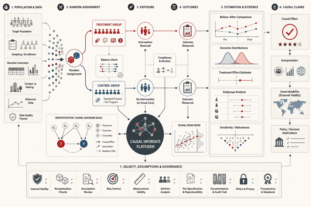Conceptual causal inference illustration showing population data, random assignment, treatment and control groups, outcome measurement, causal diagrams, effect estimation, robustness checks, and causal claims.